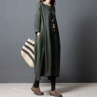 [COD] 2023 autumn new large size womens version loose slim and linen mid-length long-sleeved round neck long dress