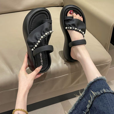 Womens Thick-Soled High-Rise Pearl Sandals New Outdoor Summer 2023 Fairy Style One-Strap French Beach Sandals