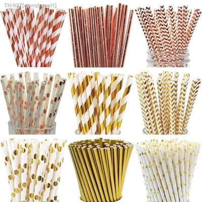 ▣✉▽ 25pcs Rose Gold Paper Straws Stripe Dot Disposable Drinking Straw Wedding Decoration Straw Baby Shower Birthday Party Supplies