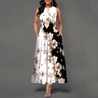 Flower Print New Casual Sleeveless Long Dress Womens V-Neck Printed Dress Swing Bohemian Retro Dresses