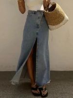 【LZ】℗✳  Saia jeans azul solta vintage feminina saia elegante de cintura alta roupas longas de senhora do escritório moda feminina outono 2023