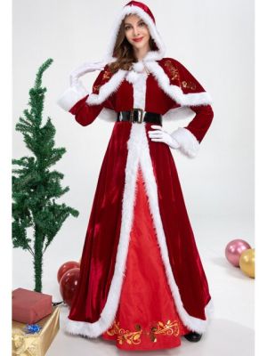 ชุดซานตาคลอสคอสเพลย์ผู้หญิง,ชุดซานตาคลอสสำหรับงานปาร์ตี้คริสต์มาสชุดยาวกำมะหยี่หรูหรา