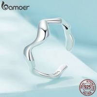 BAMOER 925 Sterling Silver Ring Minimalist Wave Teardrop High Polish Tarnish Resistant Comfort Fit Adjustable Ring for Women