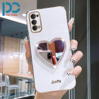 ใหม่แฟชั่น Love Heart Shape Makeup Mirror สำหรับ OPPO Reno Reno2 Reno2 F Reno3 Reno4 Reno4 F Reno5 F Reno5 Z Reno6 Z ตรงขอบชุบโครเมี่ยมนุ่ม TPU + Love แต่งหน้ากระจกถุงลมนิรภัยพับที่วางของ