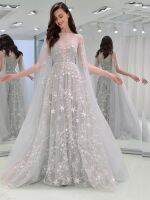 Elegant Women Sparkle Stars Wedding Dresses Vintage Gauze Cloak Prom Dresses Illusion See Through Back Bridal Vestido De Noiva