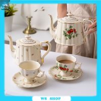 French Retro Teapot Coffee Cup Set Gold Edge Cup Saucer Strawberry Flower Big Teacup English Afternoon Tea Restaurant Bar Cafe