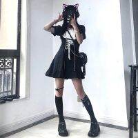 QWEEK Goth Maid Dress Kawaii Gothic Milkmaid Lolita Outfit Cosplay Costume E Girl Puff Sleeve Bandage Dress 2021 Mall Goth Emo