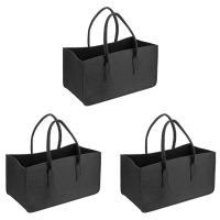 3X Fireplace Wood Felt Storage Bag Basket Magazine Rack Firewood Pocket,Felt Foldable Firewood Holder Basket Black