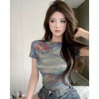 ▬❐✉ เสื้อยืดแขนสั้น ผ้าโปร่งซีทรู สุดเซ็กซี่ สีมัดย้อม