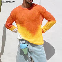 INCERUN เสื้อไล่ระดับสีสำหรับวันหยุดเสื้อยืดถักแฟชั่นเสื้อยืดคอกลมแขนยาวสำหรับผู้ชาย (สไตล์ตะวันตก)