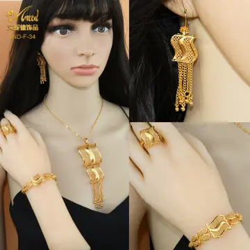 2023 New 24K Gold Plated Dubai Jewelry Tassel Necklace Ring Flower