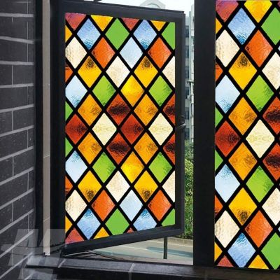 Privacy Window Film Vinyl No Glue Static Cling Color Rhombus Stained Frosted Glass Decorative Window Film Window Sticker