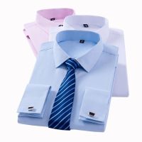 Mens Classic French Cuff Dress Shirts Long Sleeve No Pocket Tuxedo Male Shirt with Cufflinks Formal Party Wedding White Blue