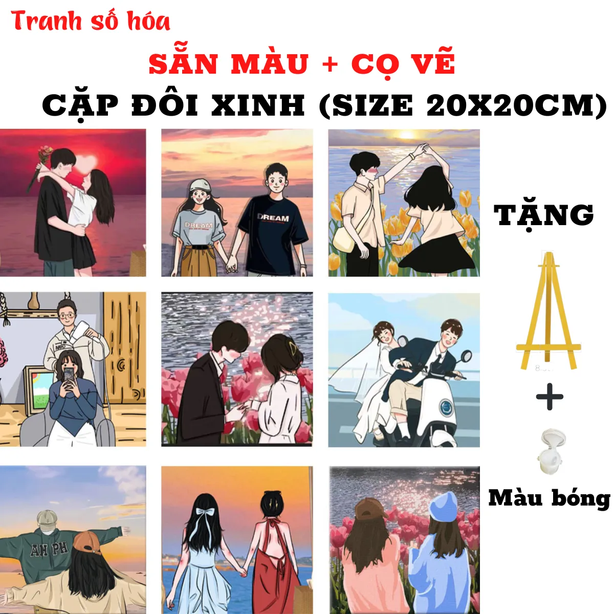 Tranh Tô Màu Theo Số Cặp Đôi Xinh Size 20X20Cm Đã Căng Sẵn Khung, Tranh Sơn  Dầu Số Hóa Sẵn Màu Và Cọ Vẽ | Lazada.Vn