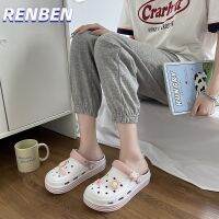 RENBEN รองเท้าผู้หญิงฤดูร้อนใหม่หนา soled สบาย Baotou ครึ่งลากกันลื่นแจ๊กเก็ตสุทธิสีแดงร้อนสไตล์ชายหาดรองเท้าแตะ V725