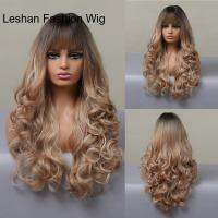 Long Synthetic Loose Wave Wigs with Bang Ombre Brown Champagne Blonde Highlight Heat Resistant Cosplay Wigs for Women