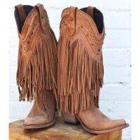 Women Boots Shoes 2021 New Fringe Middle Heels Western Boots Fashion Slip-on Wedge Pointed Toe Boots Female