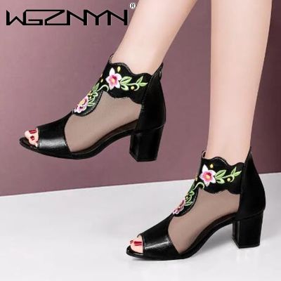 ขายดีที่สุด ioztt2023 - /⊙☞◎ Fashion Embroidered Mesh Women 39;s Thick Heel Sandals Toe Shoes Leather Gladiator