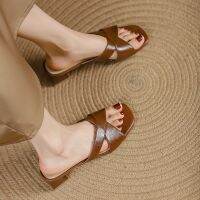 Fren e retro brown thick heel -heel slippers female lazy word s mules -GGX23722♈☎