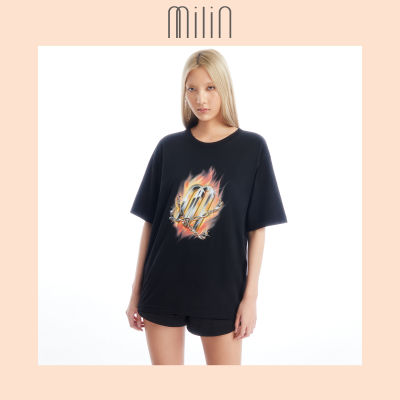 [MILIN] Milin fire barbed wire with crystals Short sleeves relaxed fit T-shirt เสื้อยืดแขนสั้นลายลวดหนามไฟตกแต่งดีเทลโลโก้ Milin ด้วยคริสตัลสีดำแวววาว / Fire Flaming T-Shirt 41