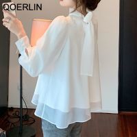 QOERLIN เสื้อเสื้อเชิ้ตมีโบว์หลังสตรีเสื้อ Organza หลวมหรูหรา,เสื้อแขนยาวตะเกียงฤดูร้อนผู้หญิงเสื้อออฟฟิศสีขาว S-XL