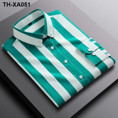 ❉℗❆ 2021 New Mens Workwear Business Striped Shirt Office Embroidered Collar Pointed Men. เสื้อเชิ้ตลำลอง