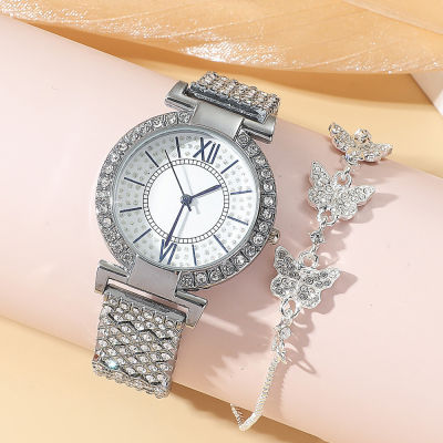 นาฬิกาข้อมือแฟชั่นนาฬิกาผู้หญิงฝังเพชรสุดหรูสายรัดเหล็กควอตซ์ + สร้อยข้อมือยืดผีเสื้อของขวัญสำหรับสุภาพสตรี