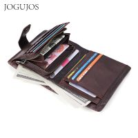 JOGUJOS Mens Short Wallets Genuine Crazy Horse Leather Zipper Wallet Vintage Wallet Coin Purse Credit Card Holder Man Gift