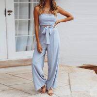 Summer Women Leisure Fashion Personalized Temperament Jumpsuit Solid Color Chic One Piece Wide Leg Lace Up Slim Sexy New Arrival