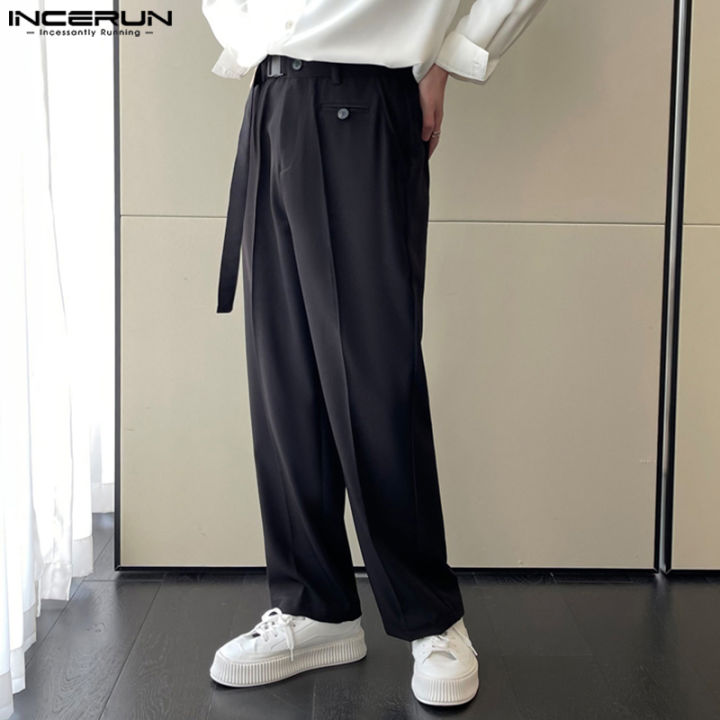 incerun-กางเกงขายาวผู้ชายทรงตรงเรียบง่ายสบายๆหลวมเข็มขัดกางเกงชิโนตัด-สไตล์เกาหลี