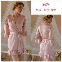 2023 Hot Idle Style Sexy Deep V Cardigan Satin Lace-Up Simple Comfortable Wave Edge Womens French Home Nightgown 16049