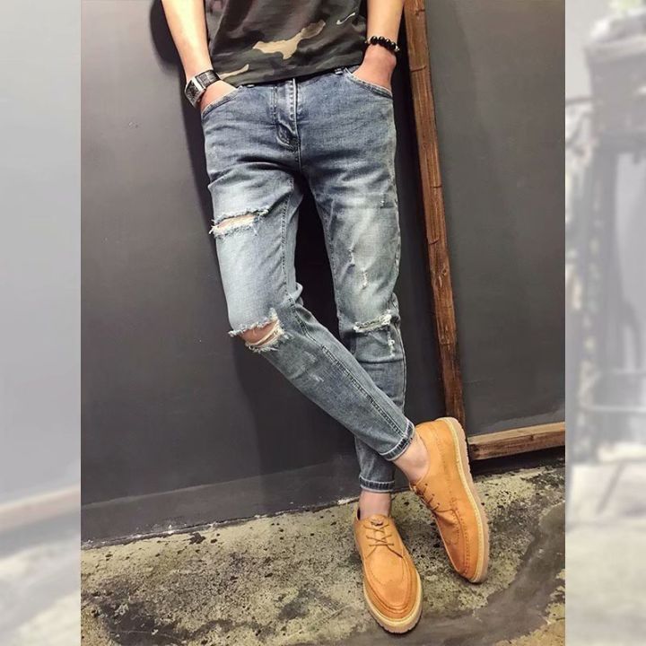 ins-fashion-jeans-man-ninth-slim-a35-กางเกงยีนส์ชาย-กางเกงยีนส์ลายขาด-แฟชั่น-ทรงเข้ารูป-5-ส่วน