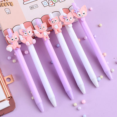 6pcslot Cute purple white Cartoon fox Pressing Gel Pen 0.5mm Press Black Gel Pen Large Capacity Quick Dry