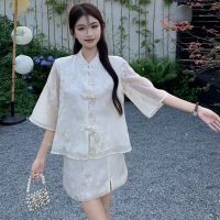 เสื้อผ้าแฟชั่นสำหรับสุภาพสตรี New Chinese style embroidery design feeling super fairy short-sleeved shirt split skirts female vogue of new fund of 2023 sets