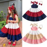 FOCUSNORM 3 Colors Summer Kids Girls Princess Dress 2-7Y Color Patchwork Tie-Up Shoulder Straps Sling Ruffles Sundress Headband  by Hs2023