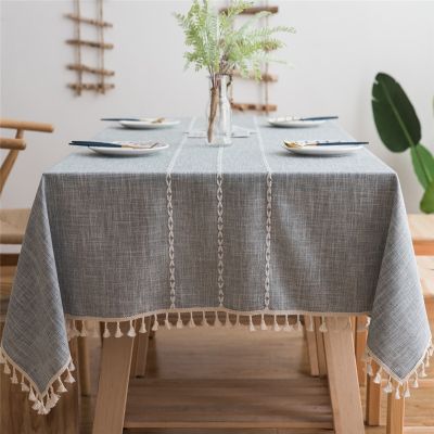 【LZ】☞♠  Solid Decorative Linen Tablecloth With Tassel Waterproof Thicken Rectangular Wedding Dining Table Cover Tea Table Cloth