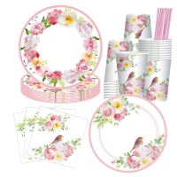 Lennie1 Pink Flower Disposable Tableware Set Rose Garland Bird Plates Cups Bachelorette Party Wedding Girls Birthday Suppli