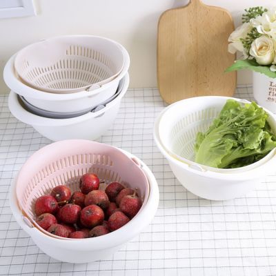 【CC】▲▤  2 In 1 Detachable Double-layer Drain Basket Tools Washing Vegetables Fruits Colander Rotating Rice Strainers Bowl