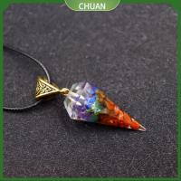 CHUAN 7 Chakra orgonite สร้อยคอจี้ลูกตุ้มเรกิ Amulet คริสตัลรักษารักษา สร้อยคอหินหลากสี ของขวัญที่สร้างสรรค์ พีระมิดหกเหลี่ยม สร้อยคอจี้จักระพลังงาน