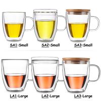 【✔In stock】 shi17474030360603 แก้วกาแฟชาแก้วใสผนังสองชั้นแบบทนความร้อนได้ขนาดต่างๆพร้อมฝาปิดเลือก-ถ้วยกระจกใส Borosilicate ทำด้วยมือ