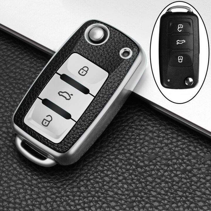 huiyisunny Leather+TPU Car Key Cover Case For Volkswagen VW POLO Tiguan