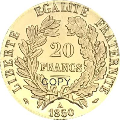 เหรียญเลียนแบบโลหะทองเหลืองสำหรับเหรียญทองจาก France 1850 A 20 Francaise Liberte Fraternite