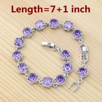 925 Sterling Silver Jewelry Set Round Amethyst Earrings Adjustable Ring Pendant Necklace celet for Women