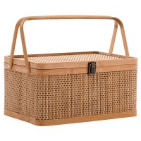 1 Piece Woven Storage Baskets Lock Lids Woven Woodchip Basket Egg Basket Picnic Food Holder