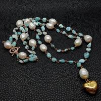 Y·YING Blue Larimars White Rice freshwater Pearl statement Necklace Heart Brushed Gold Plated Pendant necklace 21"