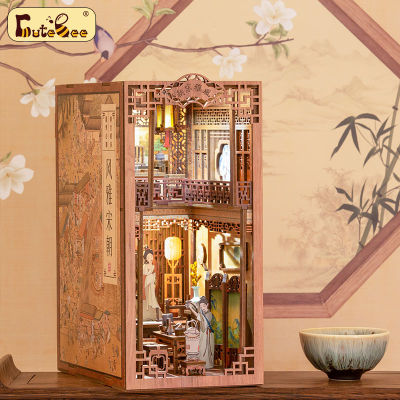 CUTEBEE Book Nook DIY บ้านตุ๊กตา 3D Puzzle โมเดลบ้าน ของเล่นไม้ บ้านจิ๋ว diy ที่กั้นหนังสือ พร้อมฝาครอบกันฝุ่น ของเล่น diy ของขวัญวันหยุด (Elegant Song Dynasty)