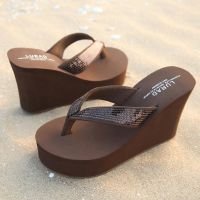 Ms road lardy new sequins flip-flops sponge summer wedges super thick bottom with antiskid beach sandals