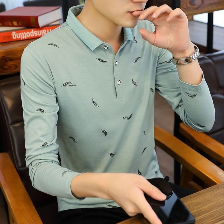 eilen-เสื้อยืดแขนยาวของผู้ชายเทรนด์ฉบับภาษาเกาหลีเพรียวบางเสื้อโปโลเสื้อโปโลของชายหนุ่ม