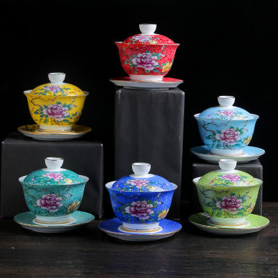 HMLOVE สีเคลือบ Gaiwan พอร์ซเลนสีขาวปกชามกังฟูชุดน้ำชา Handpainted ดอกโบตั๋นดอกไม้หม้ออบเดินทาง T Eaware ของขวัญ150มิลลิลิตร