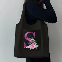 Womens Black Shopping Bag Casual Large-capacity Purple Letter Initial Name Pattern Printed Canvas Shoulder Bag Reusable